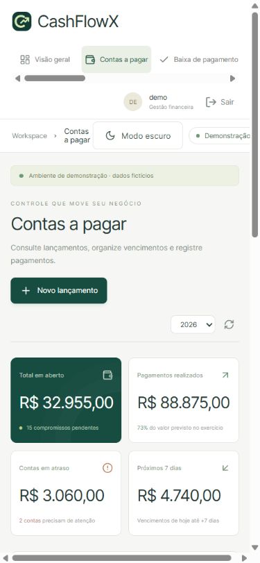 CashFlowX no celular, sem troca de ambiente, em modo claro