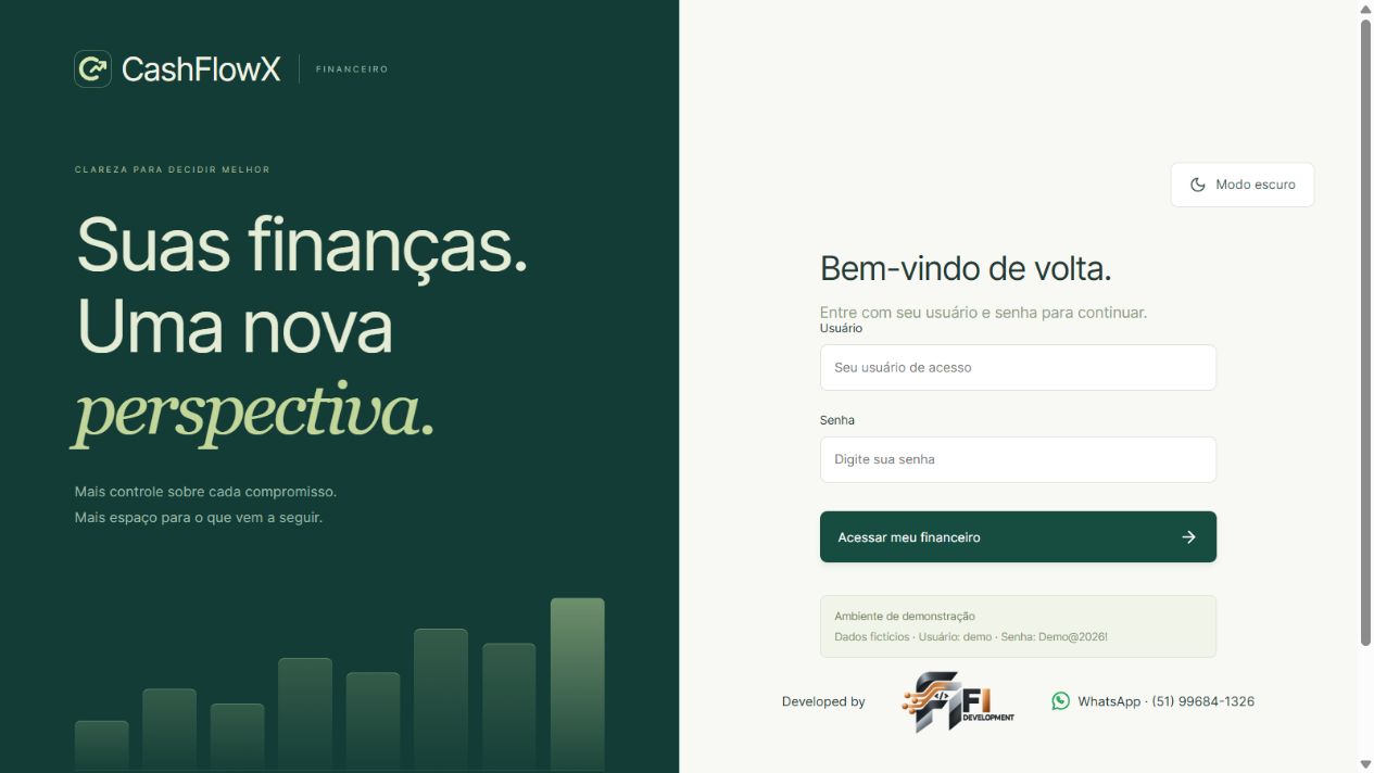 Tela de login do CashFlowX com usuário e senha